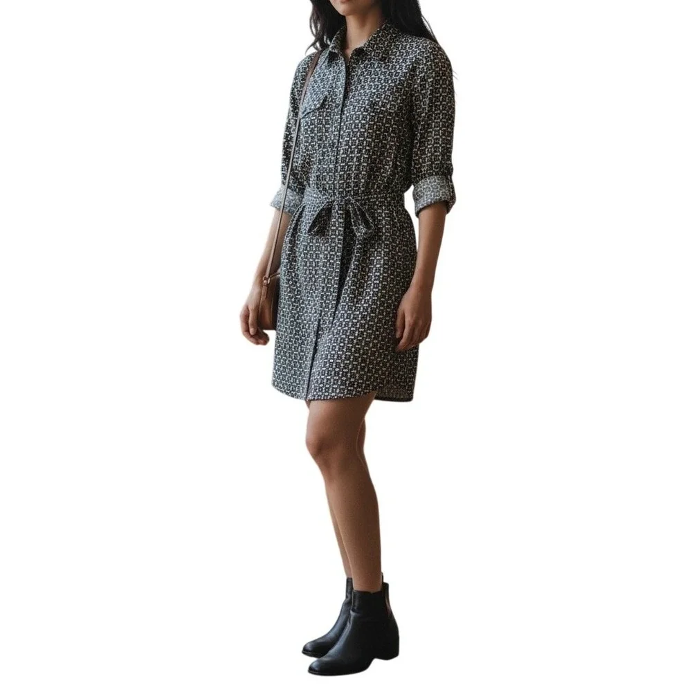 Tory Burch Cotton Shirt Dress Size 2 Geometric Print Roll Tab Sleeve Belted Mini